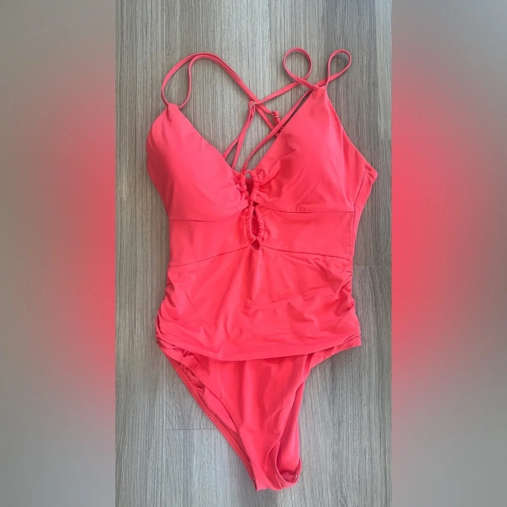 La Blanca Flattering Island Goddess Lace-Up One-Piece Swimsuit Guava Size 14 - Picture 3 of 8